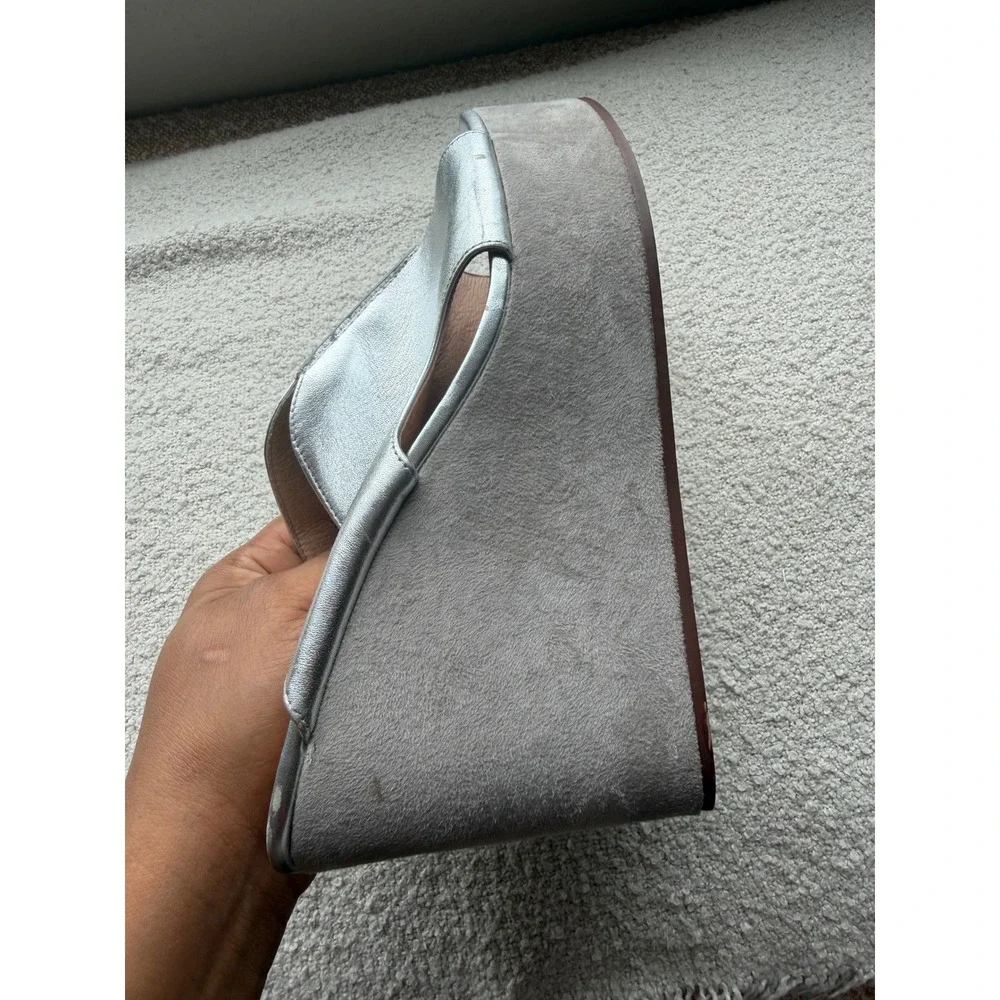 Caslon Silver Metallic Platform Wedge Sandals Size 9.5 Suede Wrap Mules